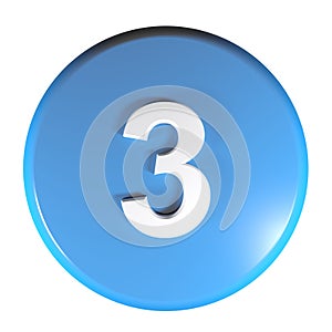 Number 3 blue circle push button - 3D rendering illustration