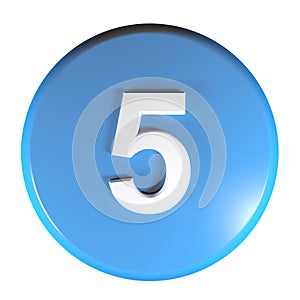 Number 5 blue circle push button - 3D rendering illustration