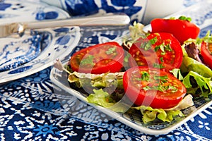 Blue crockery with fresh tomatoes photo