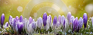 blue crocuses in drops of water on the background of tracks of rain drops in garden. AI generated