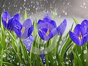 Blue crocuses during a rainstorm