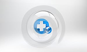Blue Cross hospital medical icon isolated on grey background. First aid. Diagnostics symbol. Medicine and pharmacy sign