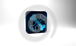 Blue Crossed bones icon isolated on grey background. Pets food symbol. Happy Halloween party. Blue square button. 3d