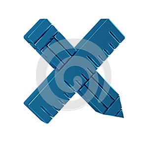 Blue Crossed ruler and pencil icon isolated on transparent background. Straightedge symbol. Drawing and educational