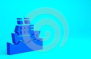 Blue Cruise ship in ocean icon isolated on blue background. Cruising the world. Minimalism concept. 3d illustration 3D