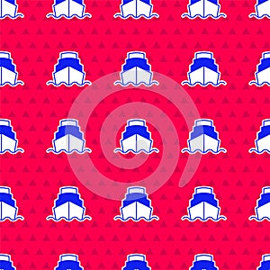 Blue Cruise ship in ocean icon isolated seamless pattern on red background. Cruising the world. Vector