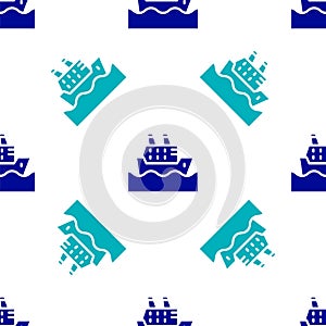 Blue Cruise ship in ocean icon isolated seamless pattern on white background. Cruising the world. Vector