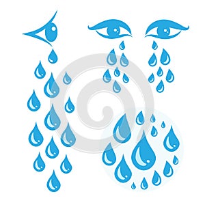 Blue cry cartoon tears icon or sweat drops from eyes