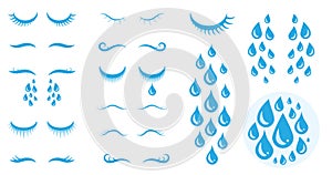 Blue cry cartoon tears icon or sweat drops from eyes