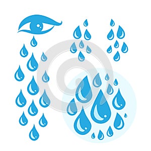 Blue cry cartoon tears icon or sweat drops from eyes