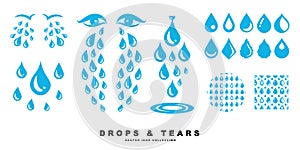 Blue cry cartoon tears icon or sweat drops from eyes