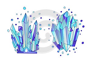 Blue crystal, cartoon cute vector Quartz illustration. Quartz Crystal druse, blue princess grain and crown on white