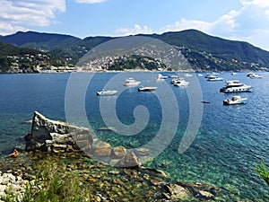 Blue crystal clear waters at camping Smeraldo near Moneglia, Cinque Terre photo