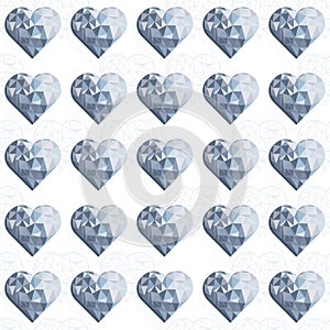 Blue crystal diamond hearts in rows on white