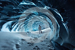 Blue crystal ice cave entrance with tourist climber and an underground river beneath the glacier located in the