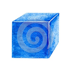 Blue cube. A child's toy. Handmade watercolor illustration. Isolate. For compositions of postcards, banners