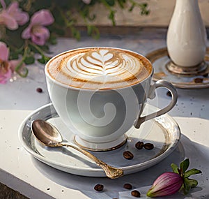 A cup of capucino on white table with vintage gold spoon, coffee beans, a vase and pink flowers photo