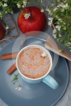 Blue Cup of Coffee milk hot drink cinnamon sticks Books Red Apples Camomile Flower Buquet