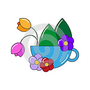 Blue cup with flowers. Colored sign. Beautiful art. Nature design. Botany background. Vector illustration. Stock image.