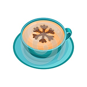 Blue cup of hot aromatic coffee with latte art in shape of snowflake of cinnamon powder. Flat vector design