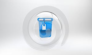 Blue Cup with tea bag icon isolated on grey background. Glass circle button. 3D render illustration