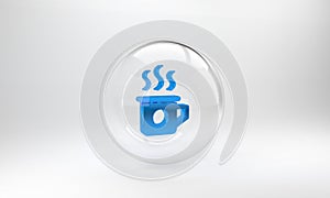 Blue Cup of tea icon isolated on grey background. Sweet natural food. Glass circle button. 3D render illustration