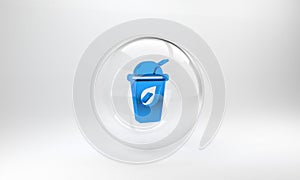 Blue Cup of tea with leaf icon isolated on grey background. Sweet natural food. Glass circle button. 3D render
