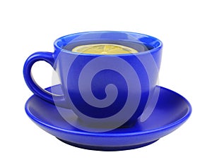 Blue cup of tea with lemon