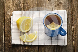 Blue Cup of tea with lemon