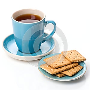 Blue Cup of Tea with Plate of Crackers Isolated on White Background