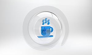 Blue Cup of tea with tea bag icon isolated on grey background. Glass circle button. 3D render illustration