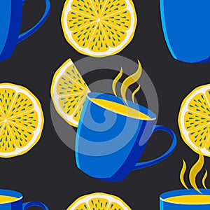 Blue cup with tea and yellow lemon slices on a black background. Seamless cute pattern