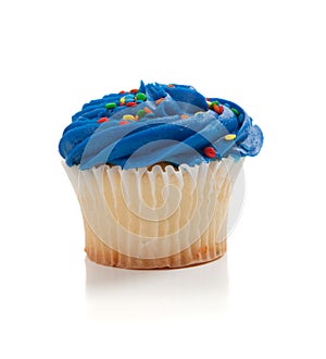 Blue Cupcake with sprinkles on white