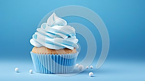 a blue cupcake with white frosting on a blue background. generative ai