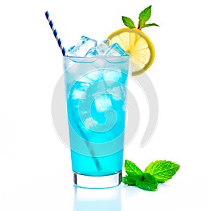 Blue Curacao cocktail garnished with lime and mint isolated on white background