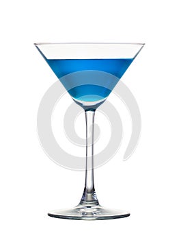 Blue Curacao cocktail in martini glass isolated on white background