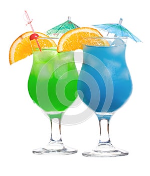 Blue Curacao and green alcoholic cocktails