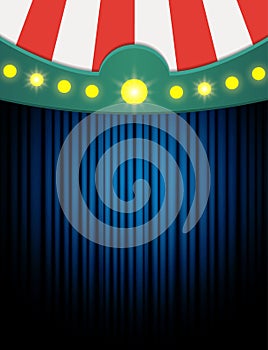 Blue curtain background with vintage circus tent. Design for presentation, concert, show
