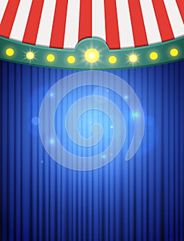 Blue curtain background with vintage circus tent. Design for presentation, concert, show