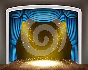 Blue curtain of classical theater with gold spotlights and sprinkles on wood floor