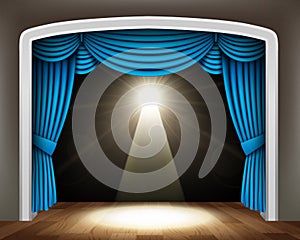 Blue curtain of classical theater with spotlight on wood floor