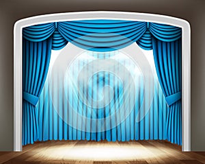 Blue curtain of classical theater with spotlights on wood floor