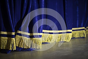 Blue Curtain. Curtain on stage. Blue fabric