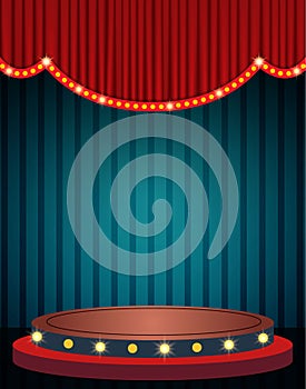 Blue curtain and stage podium on vintage background. Design for presentation, concert, show