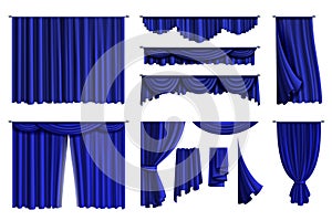 Blue curtain. Theatre and cinema stage decoration. Different textile drapery. Silk or velvet texture. Luxury home window