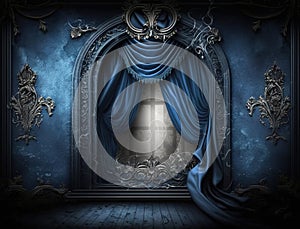 Generated Ai blue curtain and window backdrop with antique ornate wall sconces