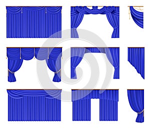 Blue curtains set. Realistic cinema and theater stage borders. Vector illustration silk elegant drapery