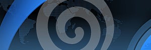 Blue curve and stripe run across the square shape dotted world map background. Abstract technology background photo