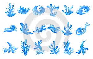 Blue Curved Water Splashes with Drops Big Vector Set