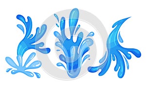 Blue Curved Water Splashes with Drops Vector Set